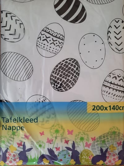 Paastafelkleed 200x140 cm - wit paaskleed met paaseieren - tafelkleed voor Pasen - paasontbijt kleed zwart wit
