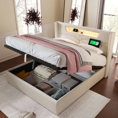 MODFU Bedframe 160x200 cm – Linnen met LED & V-lijn hoofdbord – Hydraulisch – Beige