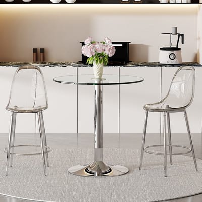 MODENUIT Barset 89 cm - Glazen Tafel Met 2 Barkrukken - Transparant Design - Voor Keuken En Bar - Glas En Metaal - Zilver