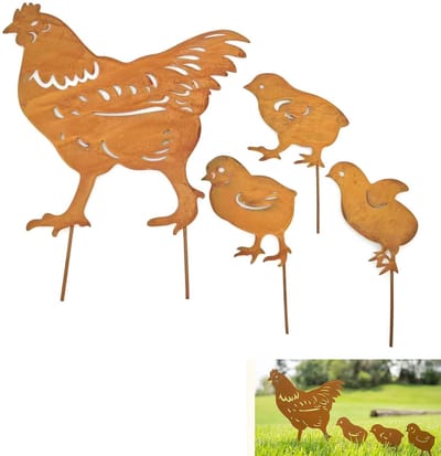 Cosensi- Tuindecoratie Roestige Kippenfamilie - Tuinbeelden - Tuindecoratie Buiten - Muurdecoratie Buiten - Charmante Decoratie - Weerbestendig Metalen Decoratie - Tuinsteker