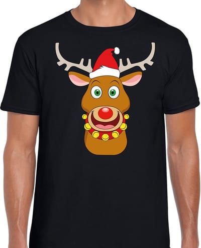 Foute Kersttrui t-shirt - Rendier Rudolf - Rode kerstmuts - zwart - voor heren S