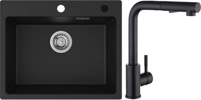 CECIPA Max Granieten Spoelbak 55*45cm - Spoelbak Keuken Met Keukenkraan - Spoelbakken Keuken Zwart - Wasbak Keuken Met Waterafvoersysteem