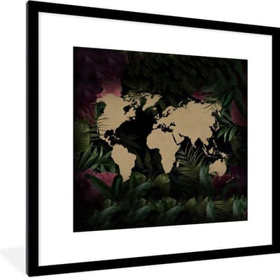 Poster in lijst - Fotolijst 40x40 cm - Posters - Wereldkaart - Bruin - Bladeren - Posterlijst zwart - Decoratie - Wanddecoratie woonkamer - Muurdecoratie slaapkamer
