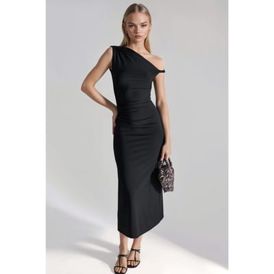 Asymmetrische Kraag Bodycon Midi Jurk