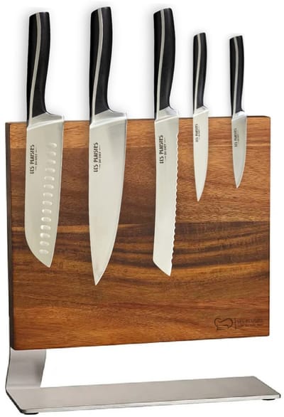 Magnetisch messenblok met 5-delige messenset – acaciahout met roestvrijstalen voet – cadeau voor wie graag kookt – Les Plaisirs du Chef