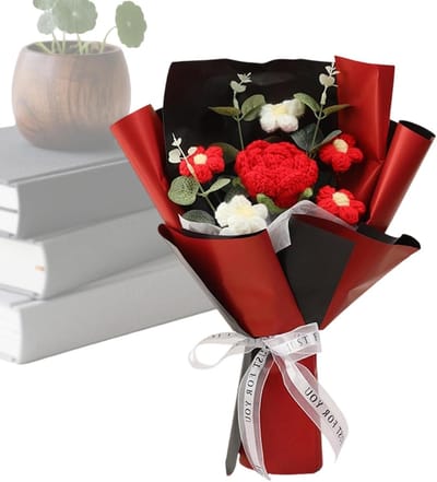 Gehaakte bloemen - Ambachtelijk boeket - Huisdecoratie - Duurzame schoonheid - 5 x 20 x 5 cm - Rood