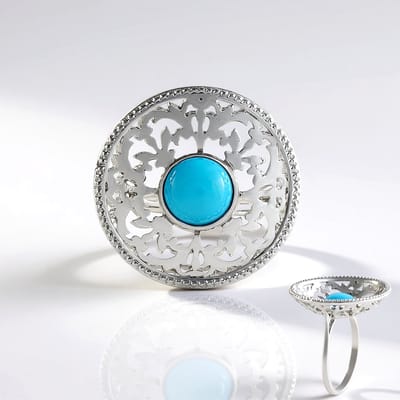 Cavill - Zilveren Ring met 1,591 ct Sleeping Beauty Turkoois - 925 Sterling Zilver - Ronde Cabochon - Filigraan Design - Natuurlijke Turkoois USA