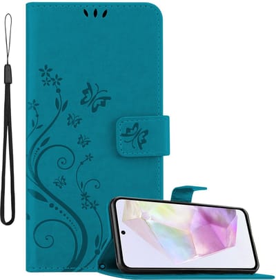 Cadorabo Hoesje geschikt voor Samsung Galaxy A35 in BLOEMEN BLAUW - Beschermhoes in bloemmotief met magnetische sluiting, standfunctie en kaartsleuven Book Case Cover Etui