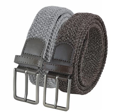 Landley Voordeelset Gemêleerde Elastische Riemen Grijs & Bruin – Luxe Gevlochten Stretch Riemen - Dames & Heren - Duopack - Lengte totaal 130 cm / Riemmaat 115