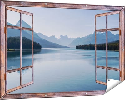 Gards Tuinposter Doorkijk Meer bij de Bergen in Alberta, Canada - 150x100 cm - Tuindoek - Tuindecoratie - Wanddecoratie buiten - Tuinschilderij