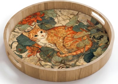 Dienblad rond 40x40 cm - Schootdienblad hout - Kat - Sierlijk - Bloemen - Borrelplank rechthoek - Plateau houten dienbladen