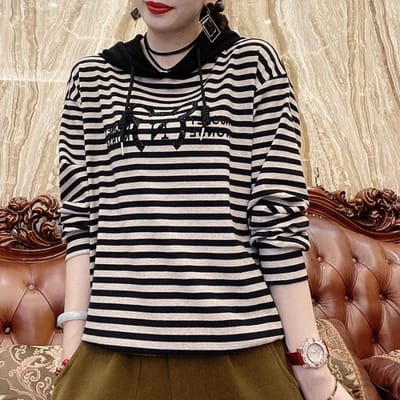 Nieuwe Herfst Casual Gestreept Temperament Slim Heldere Diamant Casual Los Binnenkant Dames Sweatshirt 5XL