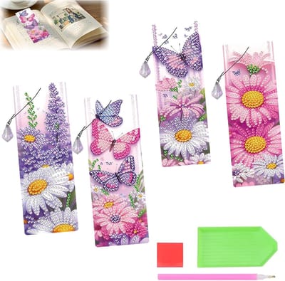 Set van 4 DIY Boekenleggers met Lavendel en Vlinders - 5D Diamant Schilderen voor Volwassenen en Beginners, Creatieve Knutselset voor Cadeaus en Hobby's