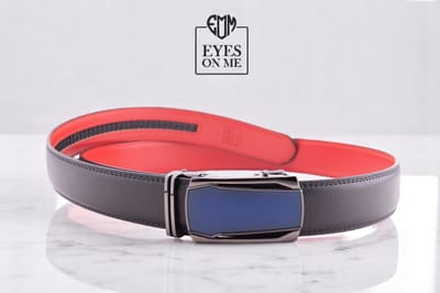 Zwart + rood lederen riem zonder gaatjes met automatische gesp voor heren ( model L132 )
