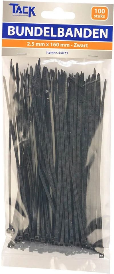 100 Tiewraps / bundelbandjes 2,5x160mm zwart PA66