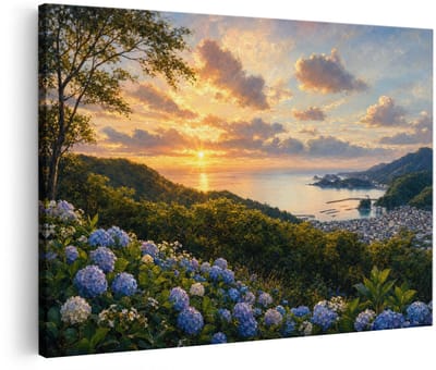 Artaza Canvas Schilderij Zonsondergang Aan Zee Met Hortensia Bloemen En Bergen - 30x20 cm - Klein - Wanddecoratie Woonkamer - Schilderijen - Muurdecoratie