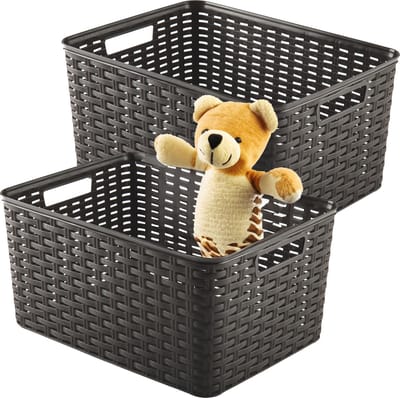 Plasticforte Opbergmand - 2x - Kastmand - rotan kunststof - choco bruin - 18 Liter - 29 x 39 x 20 cm