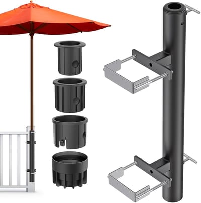 Verstelbare Parasolhouder voor Balkon en Terras met Bevestigingsclip en 3 Maten voor 3-5cm Paal, Ruimtebesparend en Geschikt voor Diverse Railingen