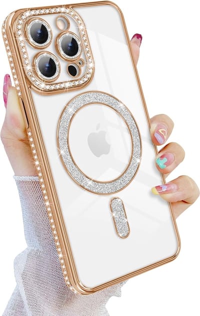 Magnetische Case Hoes Geschikt voor: iPhone 16 Pro Max [Compatibel met Magsafe] Sparkle Clear Glitter Luxe Schokbestendig Antislip Meisjes Vrouwen - Zachte TPU Cover - Goud
