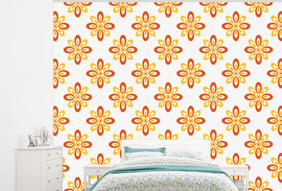 Behang - Fotobehang Patroon - Jaren 70 - Bloemen - Oranje - Breedte 300 cm x hoogte 240 cm