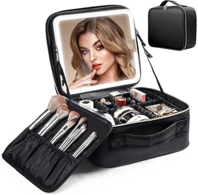 Mura Makeup Tas - Toilettas - Make up Koffer - Kleine Tasjes Dames - LED Verlicht - 3 Lichtkleuren - Spiegel - ABS - Zwart