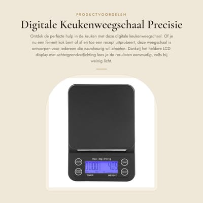 Dailygoods- Keukenweegschaal 3kg/0.1g - Digitale Keukenweegschaal - LCD Scherm - Tarefunctie - Antislip Silicone Pad - Timer tot 99:59 minuten - Digitale Weegschaal