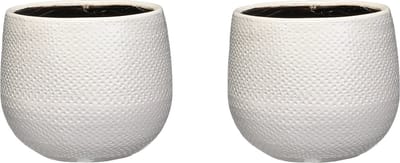 Mica Decorations Bloempot - Set van 2x stuks - wit - keramiek - ribbels - D16 x H14 cm - plantenpotten