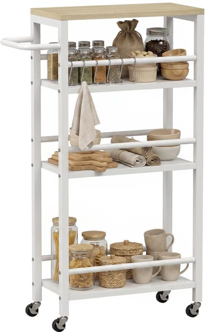 HOMCOM Keukentrolley met 4 etages, verrijdbare serveerwagen met handdoekrek en 6 haken, 50 x 20 x 81 cm, eikenhout