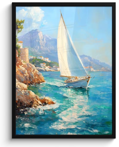 Poster in lijst - Fotolijst 50x70 cm - Posters - Zeilboot - Rotsen - Kust - Huizen - Posterlijst zwart - Decoratie - Wanddecoratie woonkamer - Muurdecoratie slaapkamer