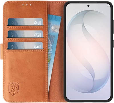 Rosso Deluxe Echt Leer Hoesje Geschikt voor Samsung Galaxy S26 Edge | Ruimte voor drie pasjes | Portemonnee Book Case | Met Pasjeshouder | Bruin
