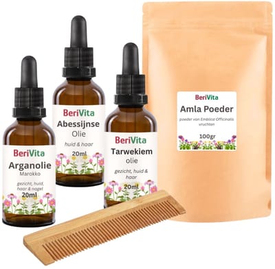 Haar Verzorging Pakket - Natuurlijk & Plantaardig Haren Verzorgen - Abessijnse Olie 20ml, Arganolie 20ml, Tarwekiemolie 20ml, Amla Poeder, Bamboe Kam