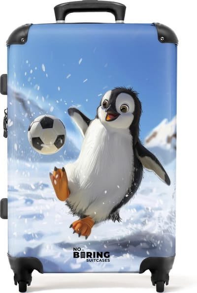 NoBoringSuitcases.com® - Kinderkoffer groot - Kindertrolley koffer - Pinguïn met voetbal in een sneeuwlandschap - Rolkoffer lichtgewicht - Reiskoffer met 4 wielen - Grote trolley XL - 20 kg bagage
