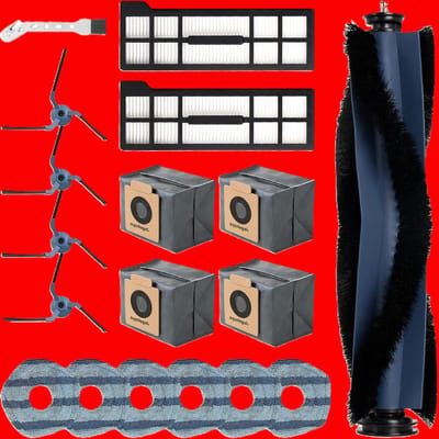 Set van 18 accessoires geschikt voor de Eufy X10 Pro Omni robotstofzuiger: inclusief 1 rolborstel, 2 filters, 6 dweilpads, 4 zijborstels, 4 stofzakken en 1 reinigingsborstel voor optimale reinigingsprestaties.