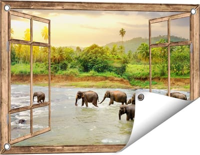 Gards Tuinposter Doorkijk Kudde Olifanten in het Water - 60x40 cm - Tuindoek - Tuindecoratie - Wanddecoratie buiten - Tuinschilderij