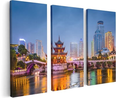 Artaza Canvas Schilderij Drieluik Rivier bij Stad Guiyang in China - 120x80 - Foto Op Canvas - Canvas Print
