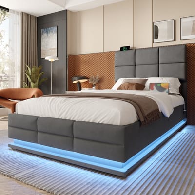 DESMIU Gestoffeerd Bed 90x200 cm – Verstelbaar Hoofdbord Met Ledverlichting En Usb-Aansluitingen – Hydraulisch Opklapbaar Met Opbergruimte – Voor Slaapkamer – Fluweel – Donkergrijs – Zonder matras
