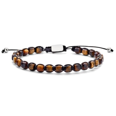 Frank 1967 – Heren Armband – 7FB-0706 Kralen Armband 4mm - Tijgeroog - Staal - Lengte Verstelbaar - 19+4+4cm - Bruin