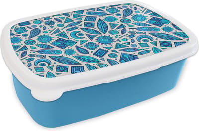 Broodtrommel Blauw - Lunchbox - Brooddoos - Blauw - Patronen - Veren - Maan - 18x12x6 cm - Kinderen - Jongen