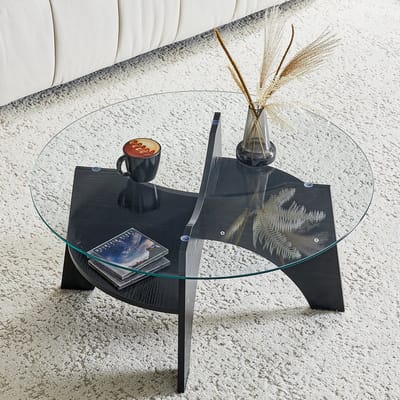 Moderne ronde bijzettafel van veiligheidsglas - Ø 80 cm, multifunctioneel ontwerp. Waaiervormig frame. Tafelpoten van MDF met een zwarte houtlook. Ideaal voor eetkamers, woonkamers, kantoren, etc.