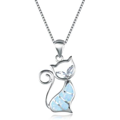 Boho Cute Cat Design Imitatie Wit Vuur Opaal Hanger Ketting Voor Vrouwen Charm Blue Crystal Rhinestones Ketting Sieraden Cadeau 60cm wit