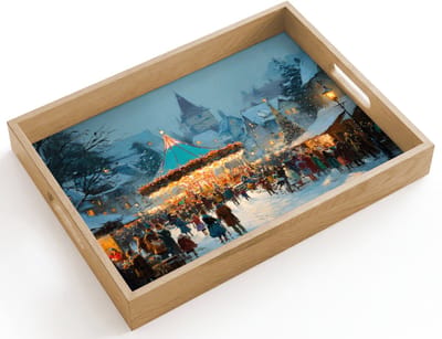 Dienblad hout 40x30 cm - Schootdienblad - Winterkermis - Dorp - Kleurrijk - Borrelplank rechthoek - Plateau dienbladen