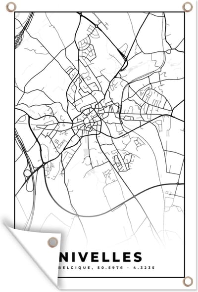 Muurdecoratie België – Nivelles – Stadskaart – Kaart – Zwart Wit – Plattegrond - 120x180 cm - Tuinposter - Tuindoek
