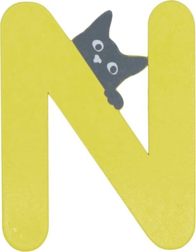 Houten Letter N Geel met Kat | 9 cm
