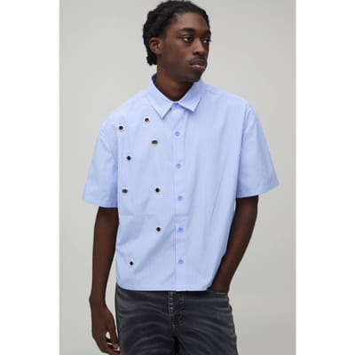 Oversized Boxy Shirt Met Korte Mouwen, Streeppatroon En Oogjesdetail | Blue | Size Small