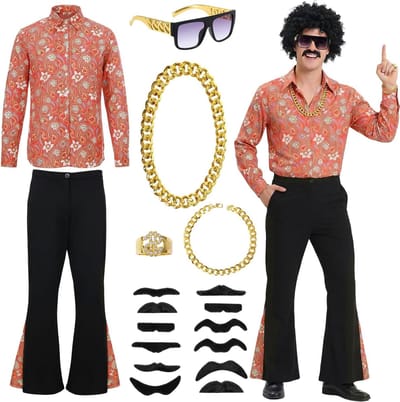 Hippie Kostuum Set voor Mannen - 18-delig 70s Disco Outfit voor Raveparty, Carnaval en Themafeesten