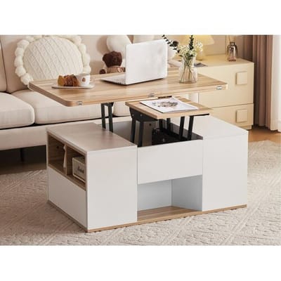 ModernLuxe Multifunctionele in hoogte verstelbare salontafel - het bureau kan worden uitgevouwen tot twee tafels - Wit + Licht Natuur