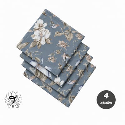 Tavas Servetten - 30 x 30 cm - Set van 4 stuks - Staalblauw - Vogeltuin - Katoen