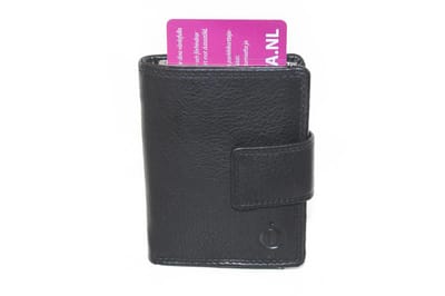 OI zwarte leren complete portemonnee met figuretta Cardprotector / compacte beurs met metalen pasjeshouder afsluitbaar / anti skim kastje in portemonnee / zwart leer /106