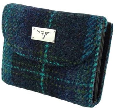 Dames Portemonnee Jura Blauw met Turquoise ruit - Harris Tweed - Glen Appin of Scotland