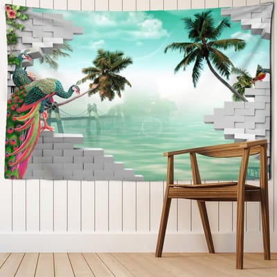 Tapisserie murale à motif de paon et de paysage océanique, style bohème, esthétique, hippie, décoration d'intérieur 95x70cm white